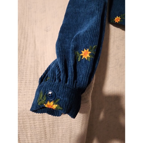 Cider Corduroy Top Floral Embroidered Long Sleeve Blue Crop Top Blouse XS - Picture 3 of 4
